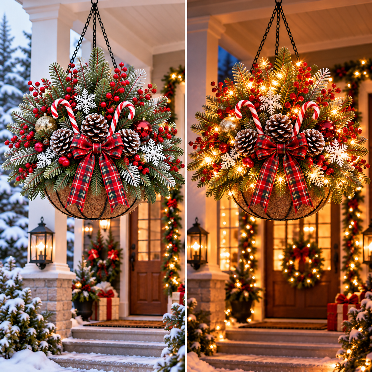 Christmas hanging basket shown during daytime and illuminated after dark