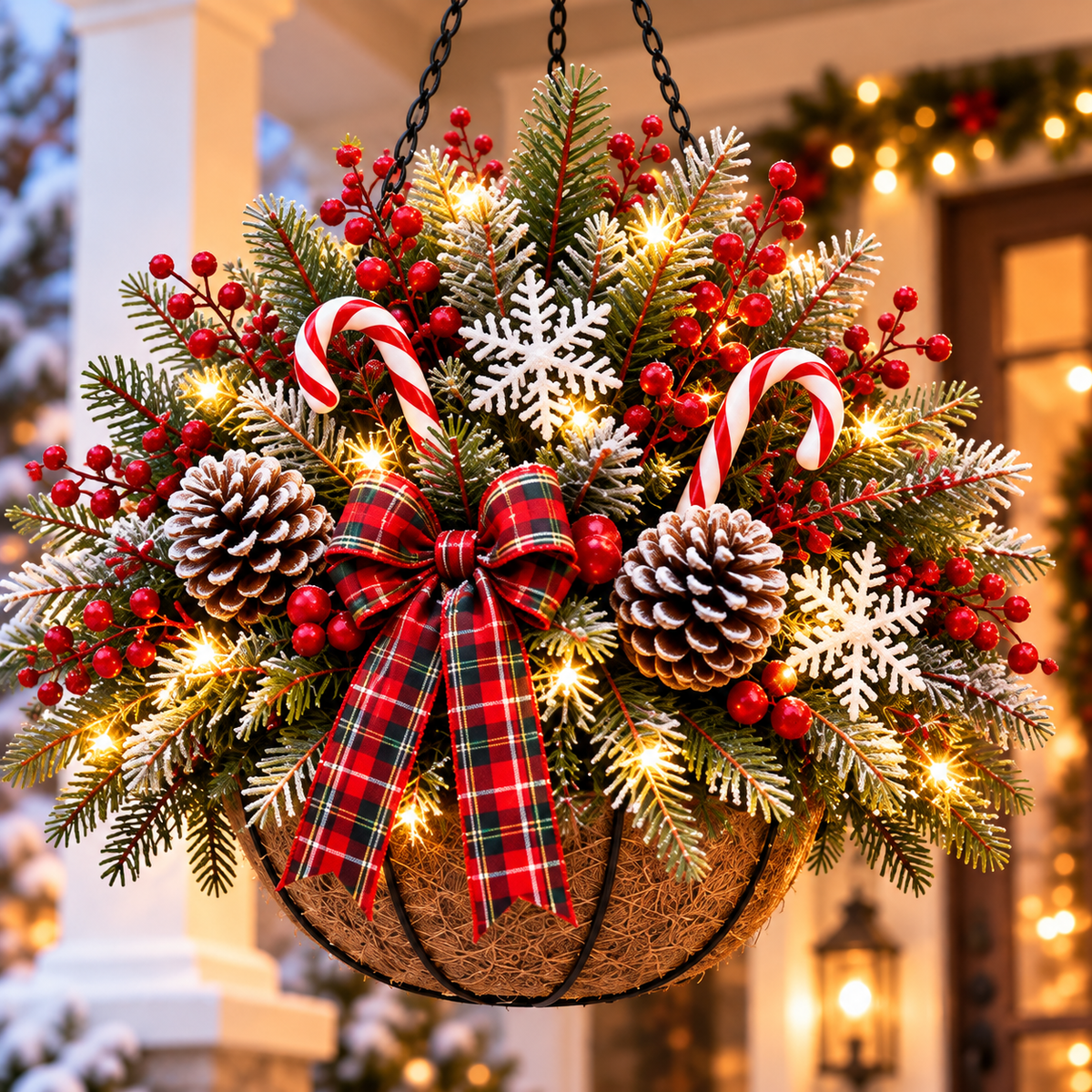 Close-up Candy Cane Snowfall Christmas hanging basket