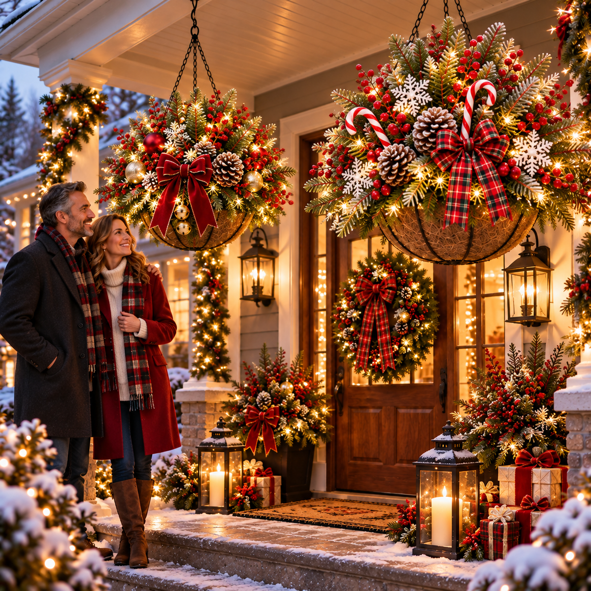 Couple admiring illuminated Christmas hanging baskets on a festive porch