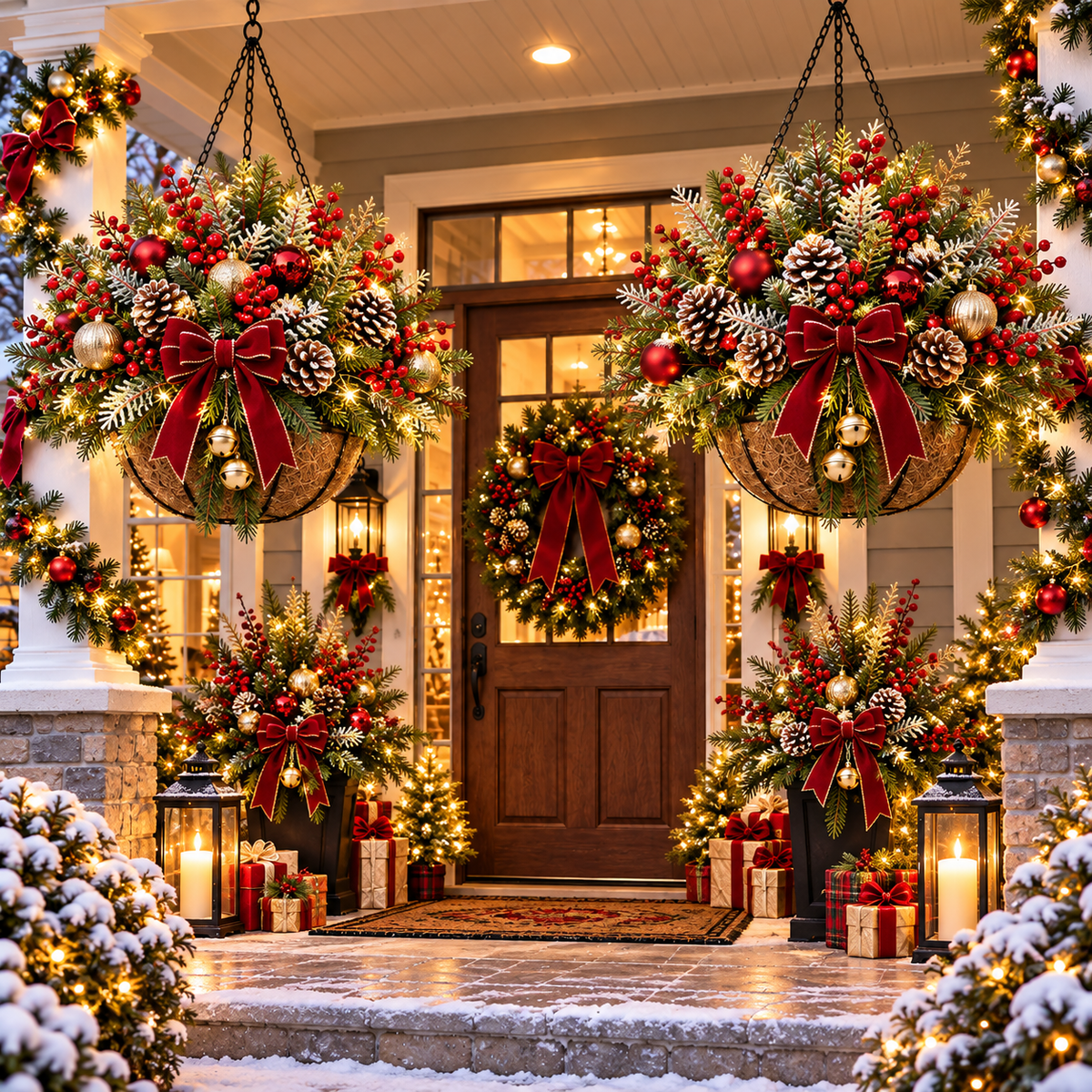 Two matching Christmas hanging baskets framing a decorated porch