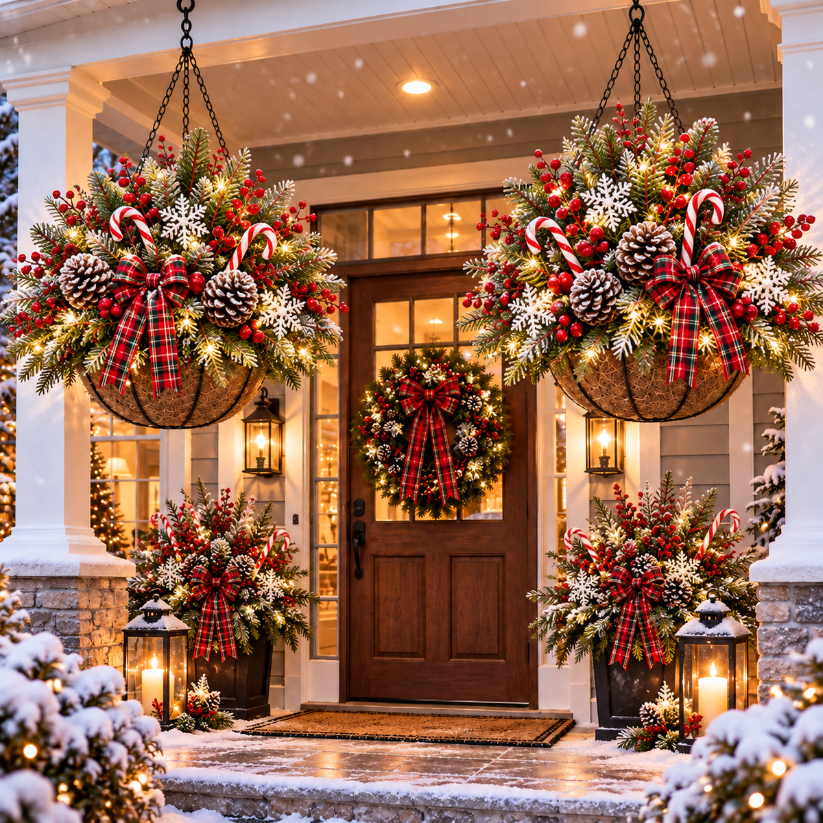Pre-lit Christmas hanging baskets decorating a snowy front porch