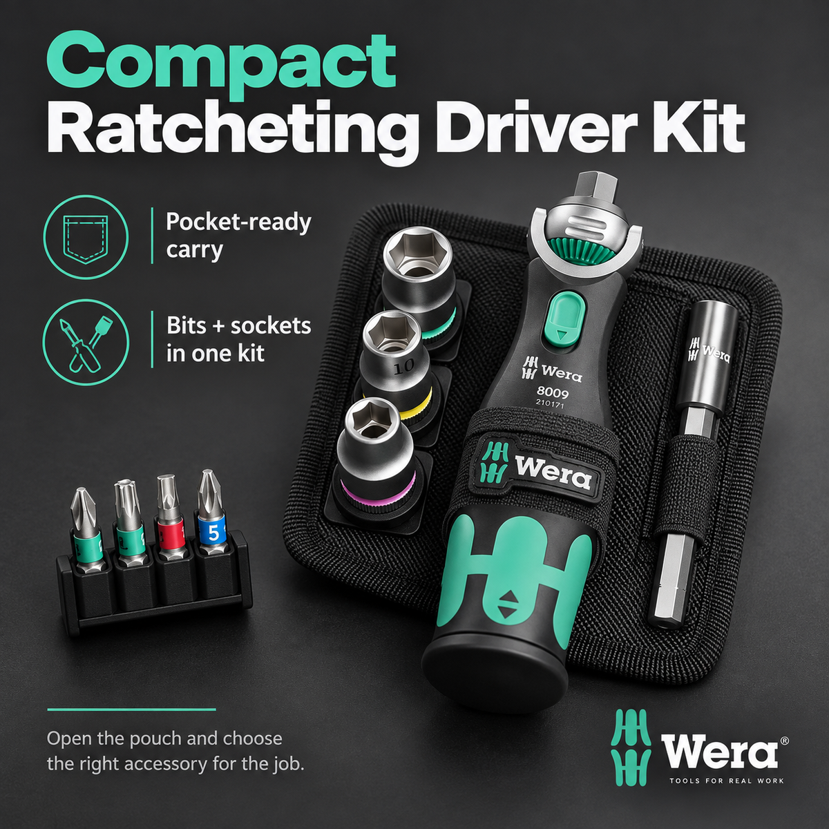 18-Piece Compact Ratchet Tool Kit – 72-Tooth Pivoting Ratchet with Built-In 12-Bit Storage & 3 Sockets