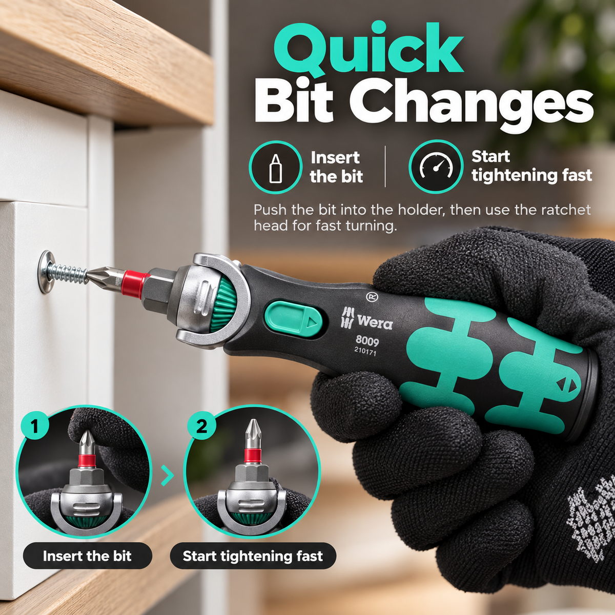 18-Piece Compact Ratchet Tool Kit – 72-Tooth Pivoting Ratchet with Built-In 12-Bit Storage & 3 Sockets