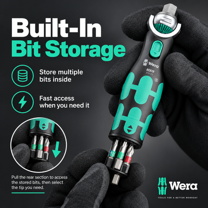18-Piece Compact Ratchet Tool Kit – 72-Tooth Pivoting Ratchet with Built-In 12-Bit Storage & 3 Sockets