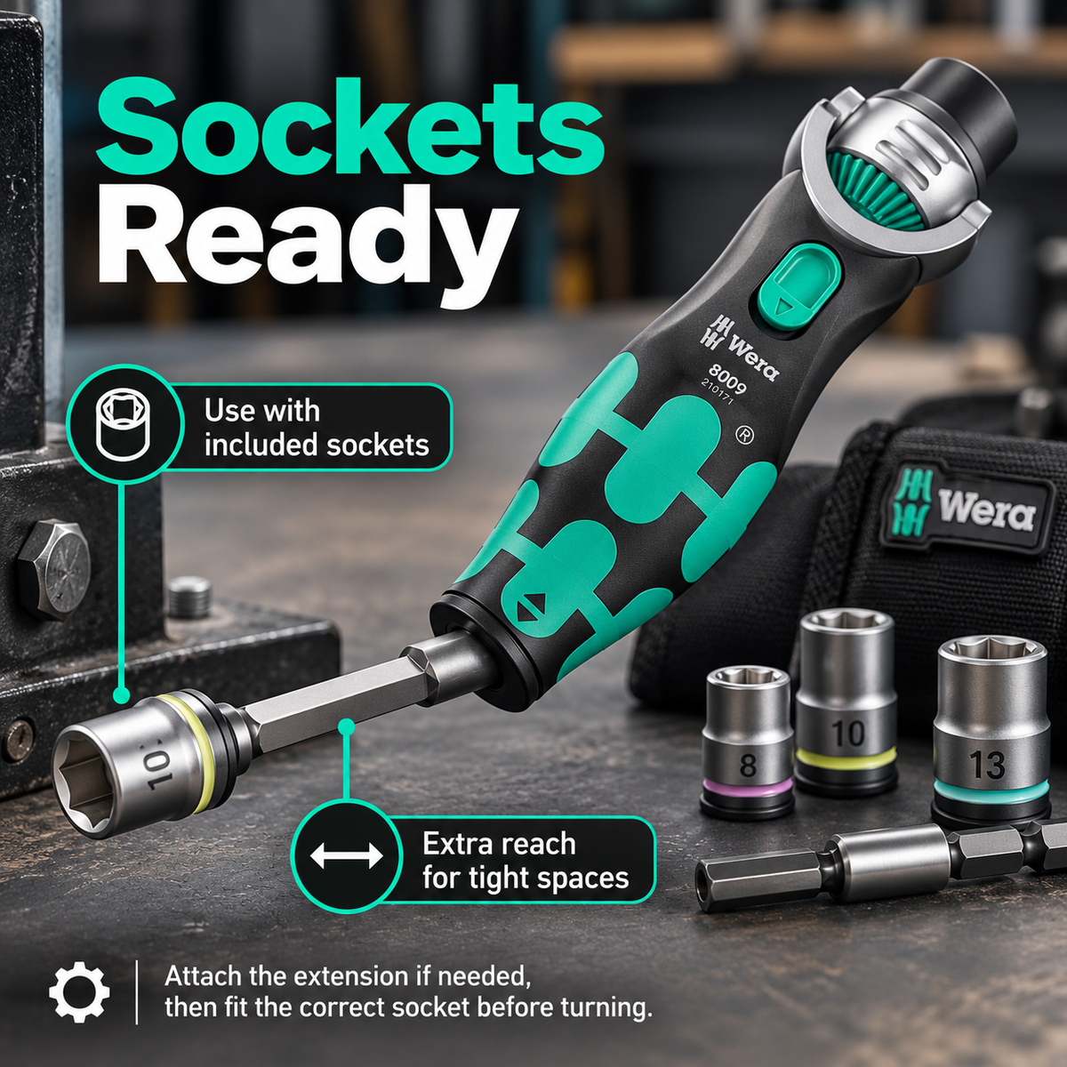 18-Piece Compact Ratchet Tool Kit – 72-Tooth Pivoting Ratchet with Built-In 12-Bit Storage & 3 Sockets