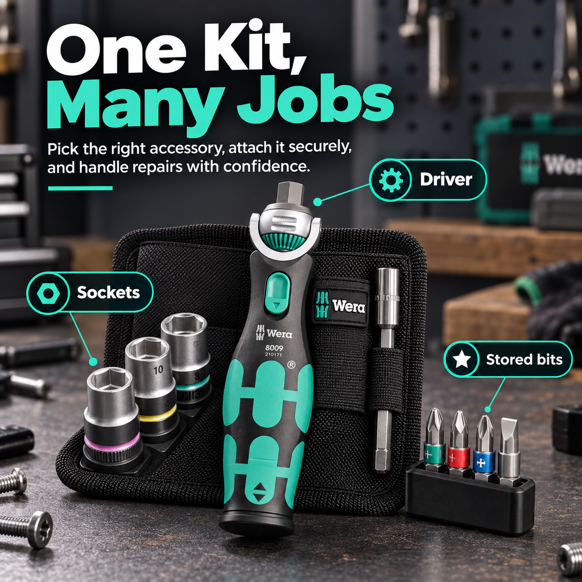18-Piece Compact Ratchet Tool Kit – 72-Tooth Pivoting Ratchet with Built-In 12-Bit Storage & 3 Sockets