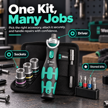 18-Piece Compact Ratchet Tool Kit – 72-Tooth Pivoting Ratchet with Built-In 12-Bit Storage & 3 Sockets