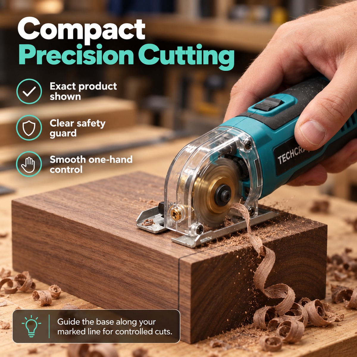 Compact Precision Mini Circular Saw – One-Hand Wood Cutting Tool with Clear Blade Guard