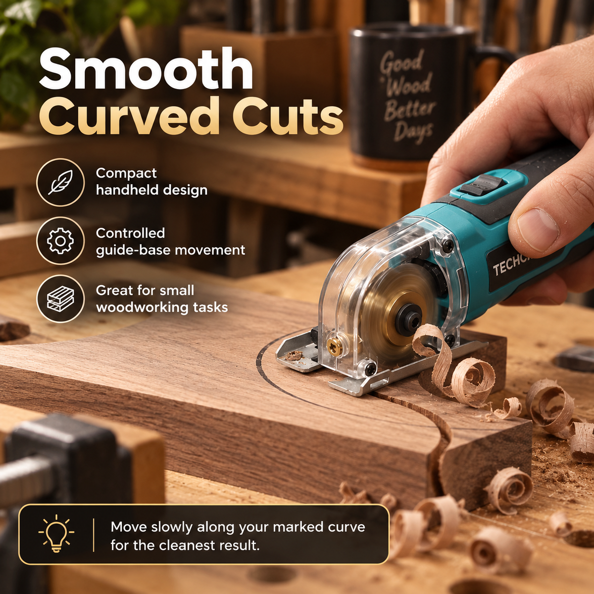 Compact Precision Mini Circular Saw – One-Hand Wood Cutting Tool with Clear Blade Guard