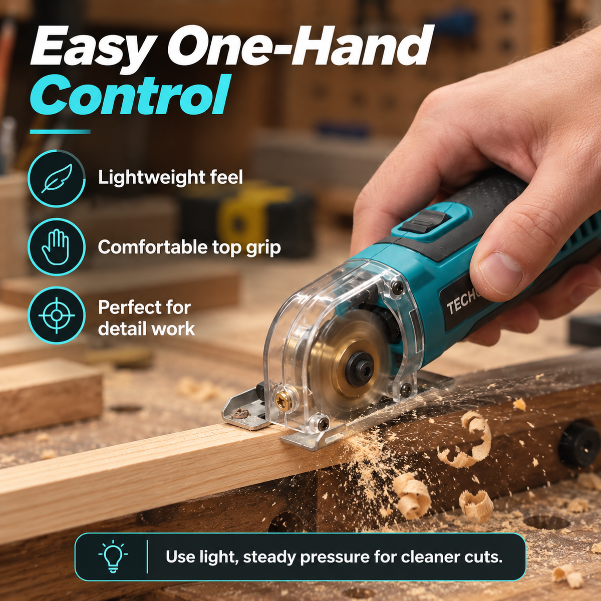 Compact Precision Mini Circular Saw – One-Hand Wood Cutting Tool with Clear Blade Guard