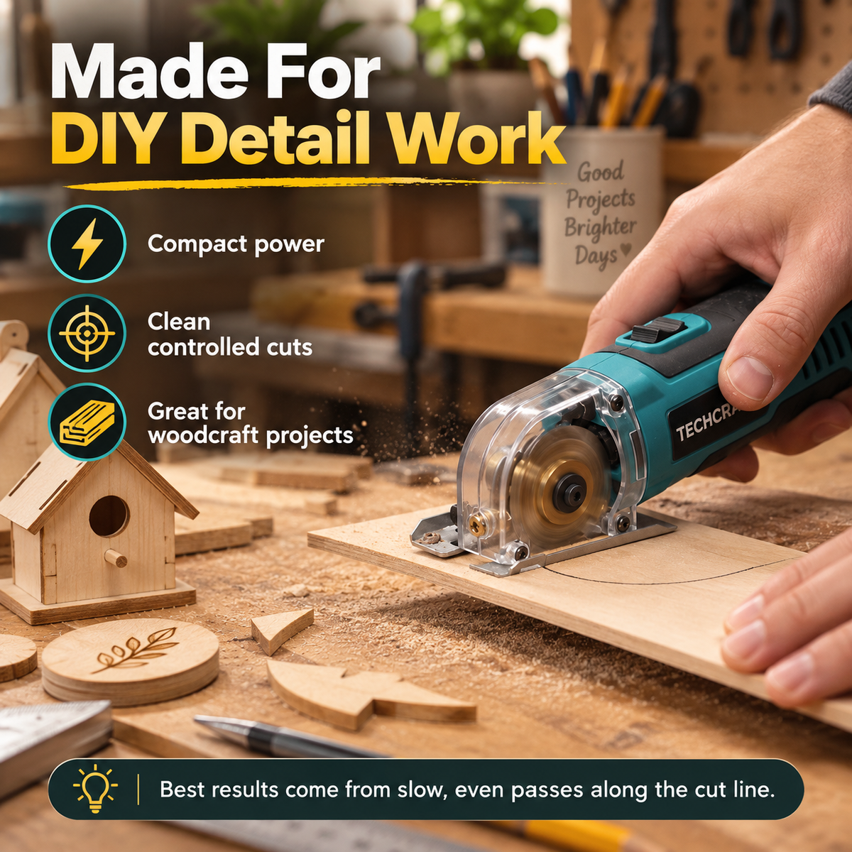 Compact Precision Mini Circular Saw – One-Hand Wood Cutting Tool with Clear Blade Guard