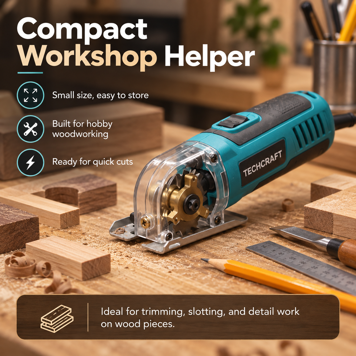 Compact Precision Mini Circular Saw – One-Hand Wood Cutting Tool with Clear Blade Guard