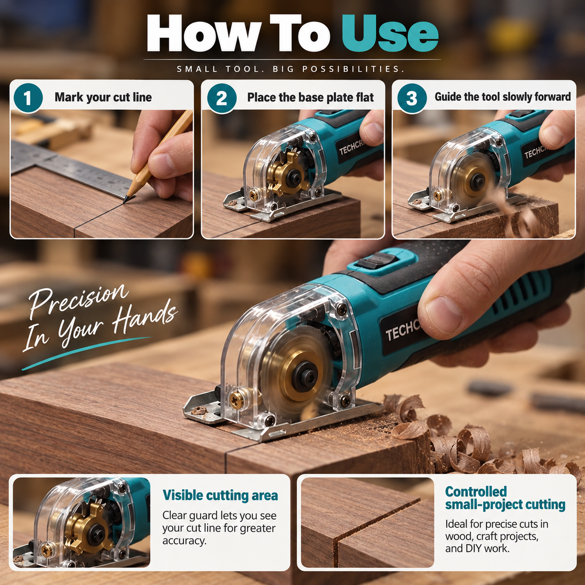 Compact Precision Mini Circular Saw – One-Hand Wood Cutting Tool with Clear Blade Guard