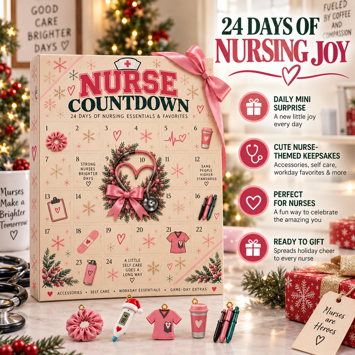 24-Day Nurse Christmas Advent Calendar – Nursing-Themed Surprises & Self-Care Countdown Gift