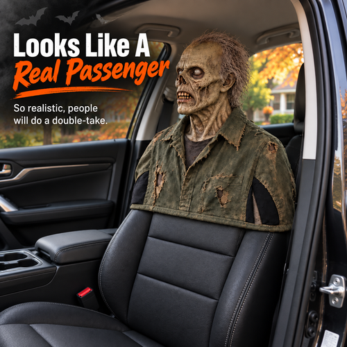 💀Motion-Activated Creepy Car Passenger Prop – Rotating Head Halloween Prank Decoration