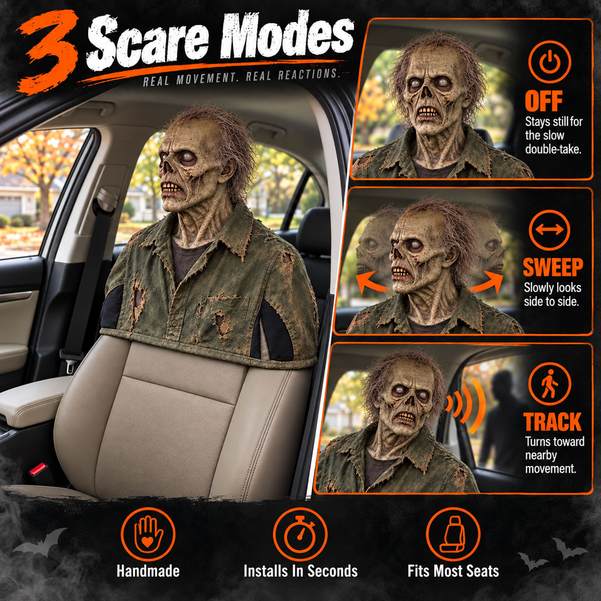 💀Motion-Activated Creepy Car Passenger Prop – Rotating Head Halloween Prank Decoration
