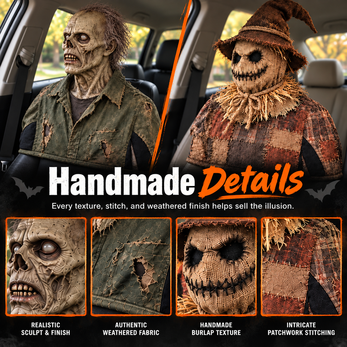 💀Motion-Activated Creepy Car Passenger Prop – Rotating Head Halloween Prank Decoration