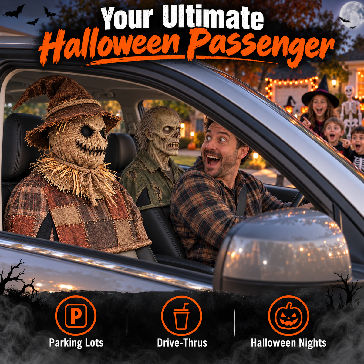 💀Motion-Activated Creepy Car Passenger Prop – Rotating Head Halloween Prank Decoration