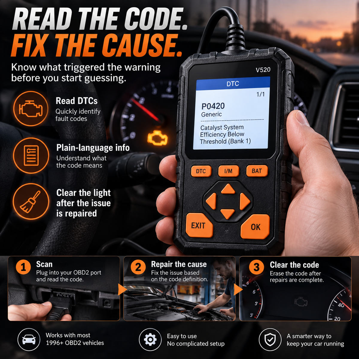 V520 OBD2 Scanner Car Diagnostic Tool, Code Reader with Live Data Stream, Battery Voltage Test & I/M Readiness for All OBDII Vehicles