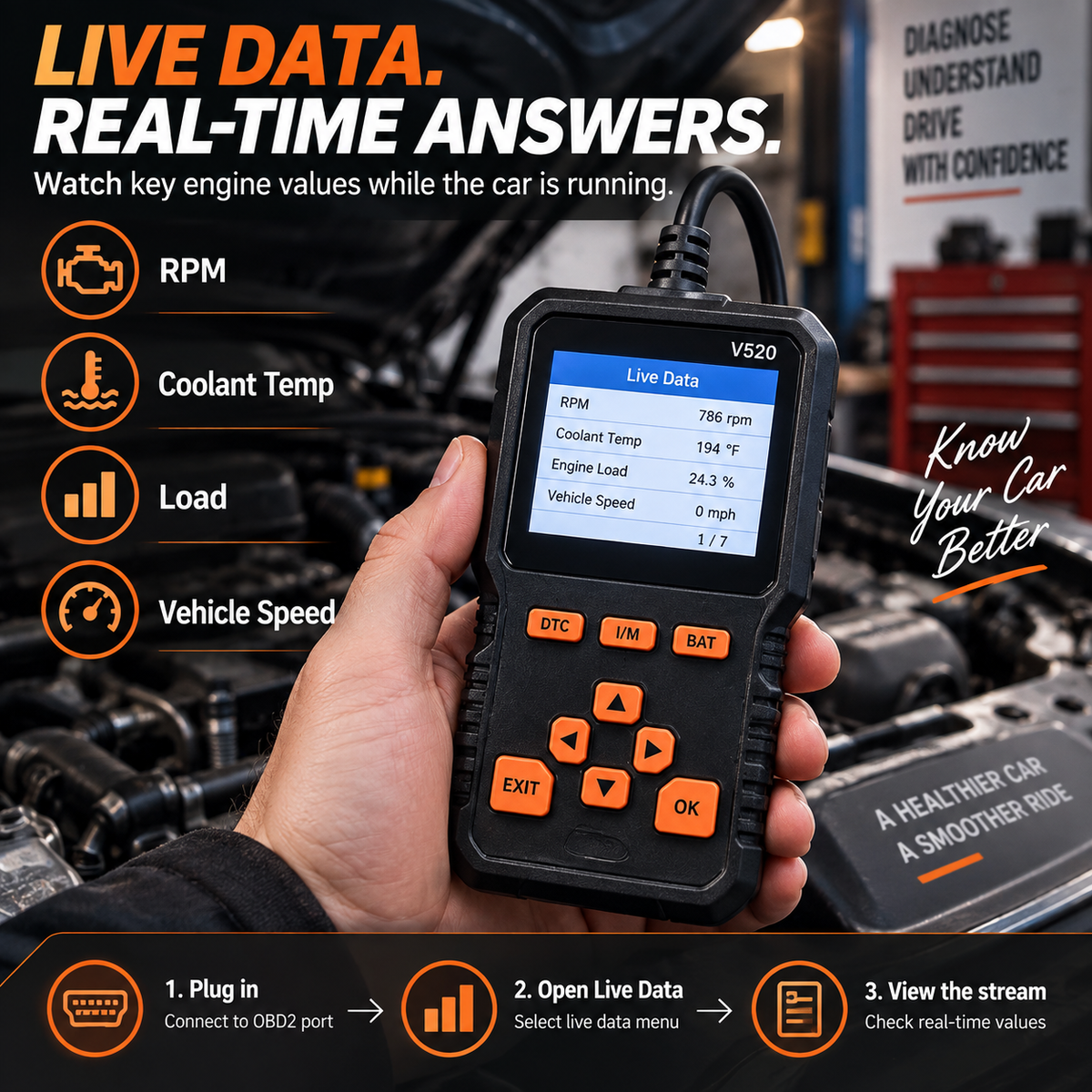 V520 OBD2 Scanner Car Diagnostic Tool, Code Reader with Live Data Stream, Battery Voltage Test & I/M Readiness for All OBDII Vehicles