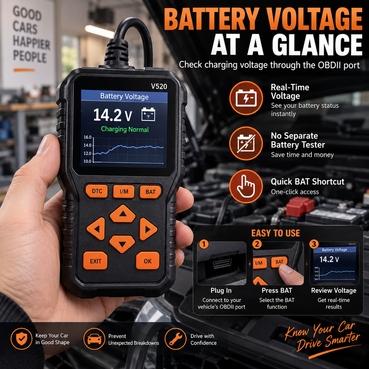 V520 OBD2 Scanner Car Diagnostic Tool, Code Reader with Live Data Stream, Battery Voltage Test & I/M Readiness for All OBDII Vehicles