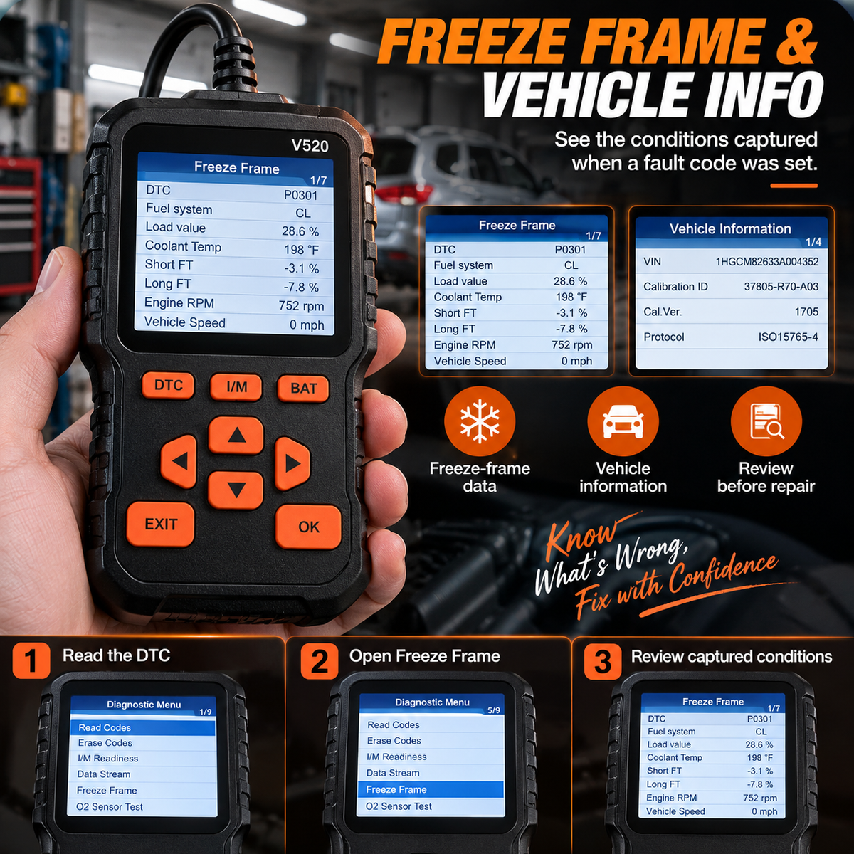 V520 OBD2 Scanner Car Diagnostic Tool, Code Reader with Live Data Stream, Battery Voltage Test & I/M Readiness for All OBDII Vehicles