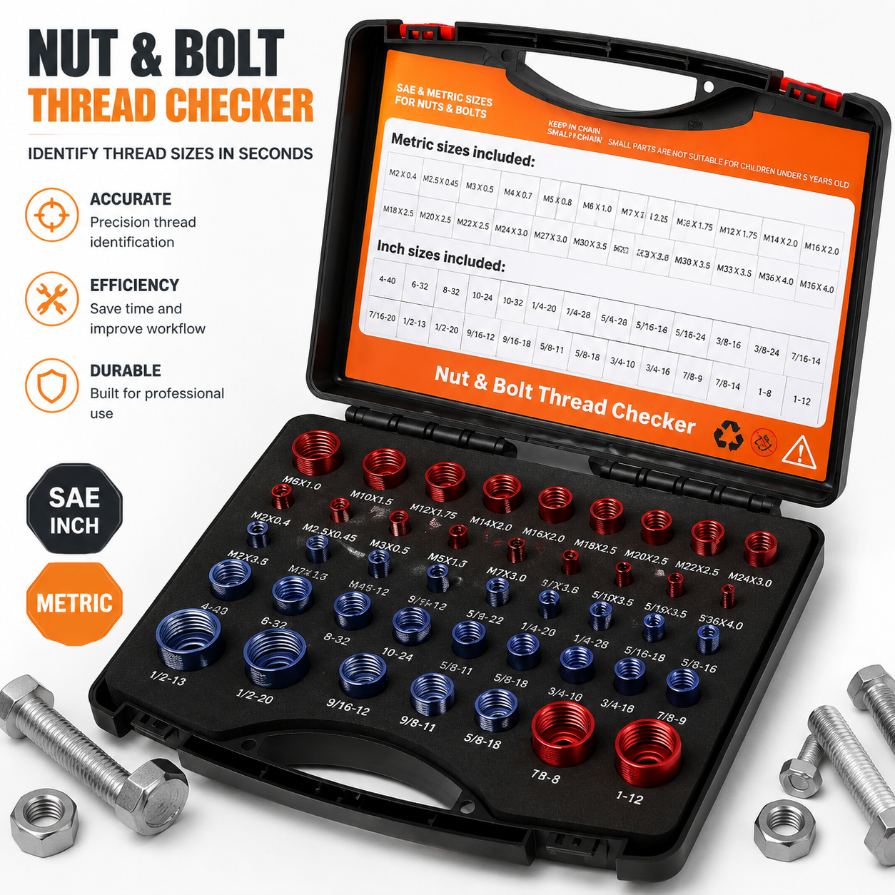44PCS Nut & Bolt Thread Checker Set – SAE & Metric Gauge Tool Kit for Fast Bolt Identification