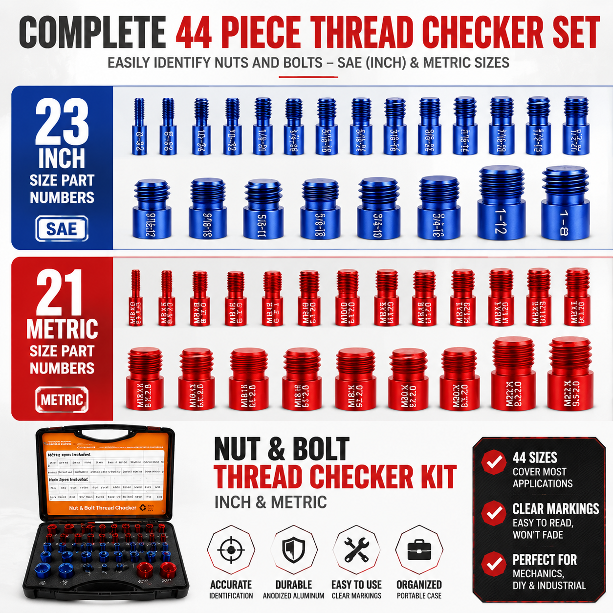 44PCS Nut & Bolt Thread Checker Set – SAE & Metric Gauge Tool Kit for Fast Bolt Identification