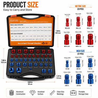 44PCS Nut & Bolt Thread Checker Set – SAE & Metric Gauge Tool Kit for Fast Bolt Identification