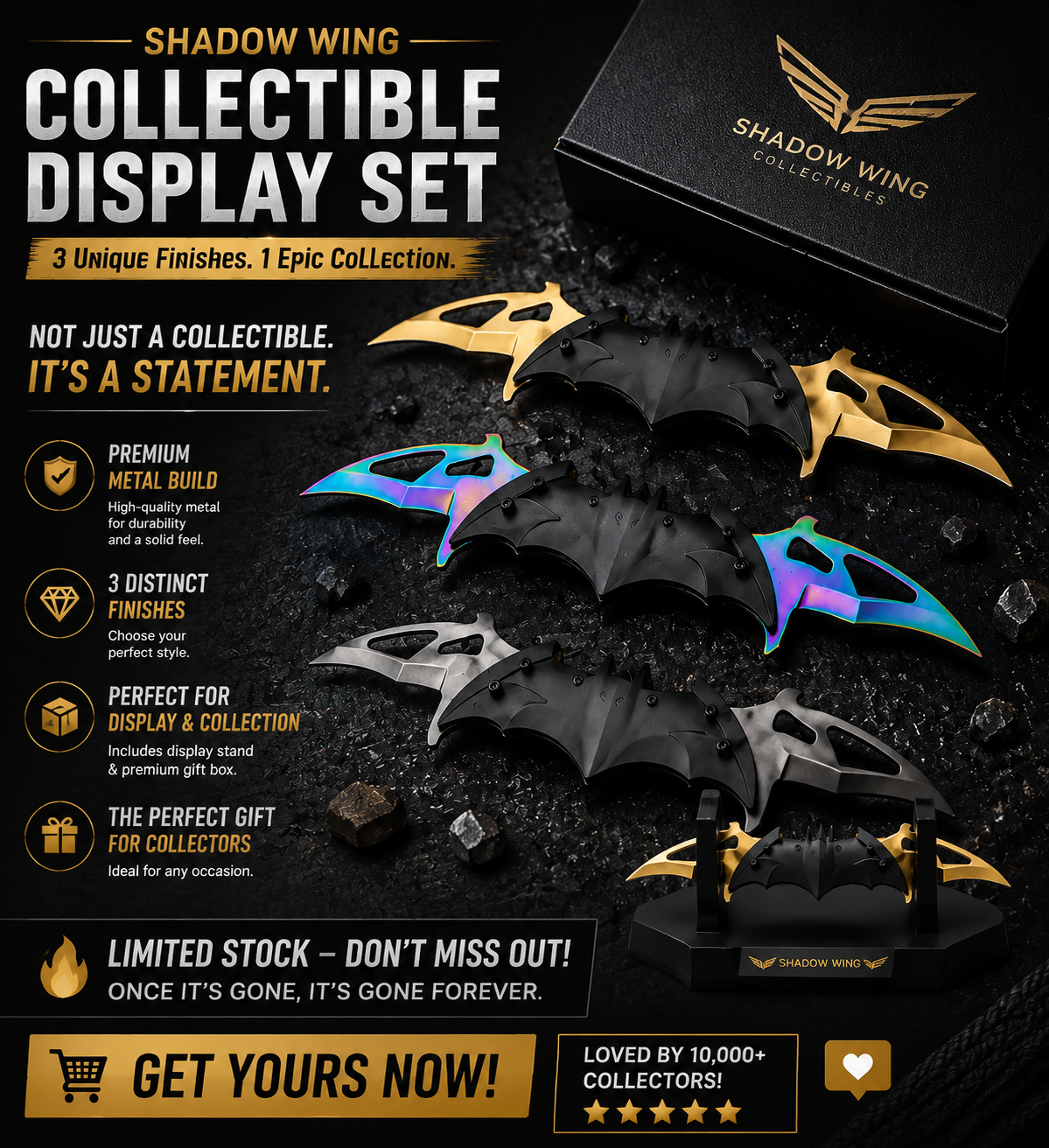 Nocturnal Wing Collectible Set – Premium Metal Display Art Piece (3 Finishes)