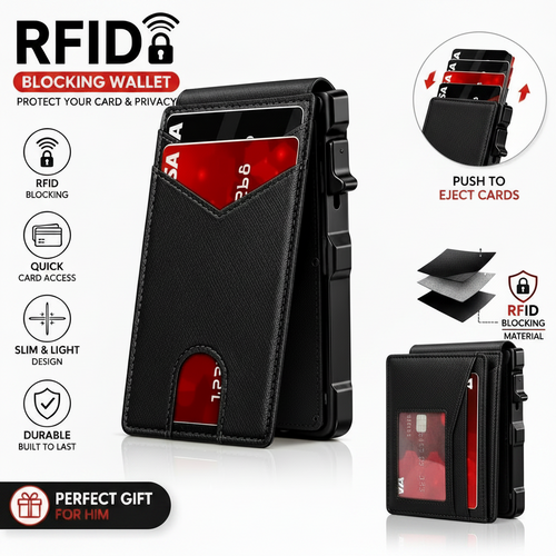 😲RFID Blocking Minimalist Pop-Up Wallet | One-Second Card Eject Design & Ultra Slim Pocket Wallet