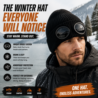 🧢 Retro Goggle Beanie Hat – Unique Winter Knit Cap for Outdoor Adventures