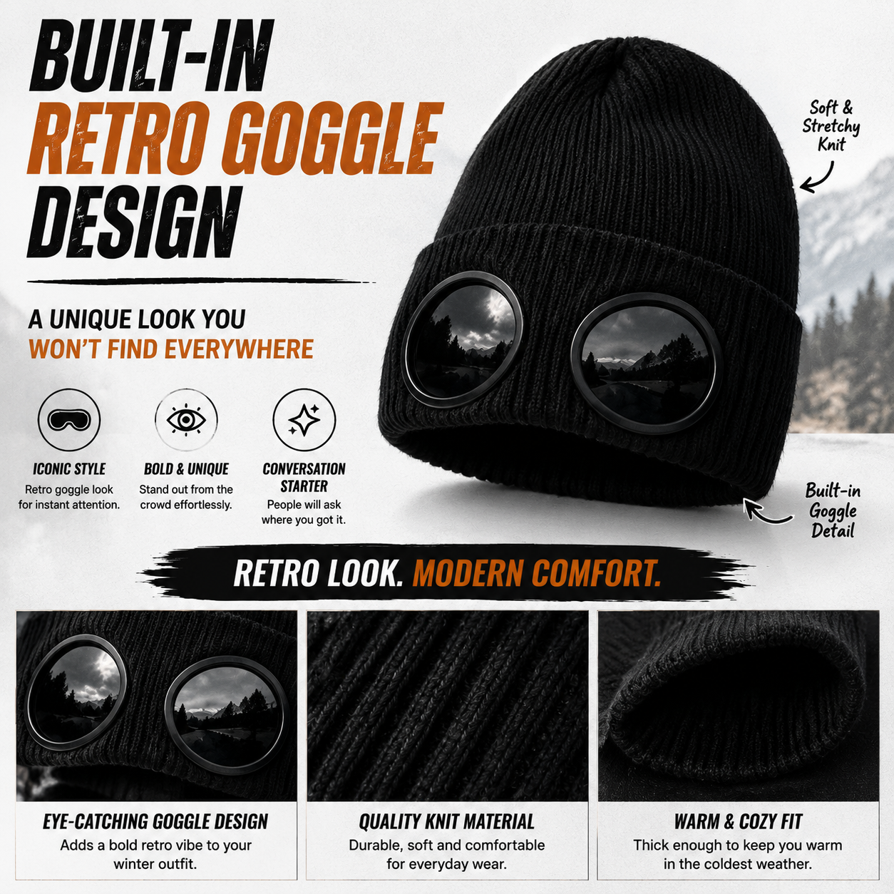 🧢 Retro Goggle Beanie Hat – Unique Winter Knit Cap for Outdoor Adventures