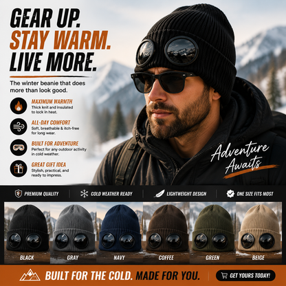 🧢 Retro Goggle Beanie Hat – Unique Winter Knit Cap for Outdoor Adventures