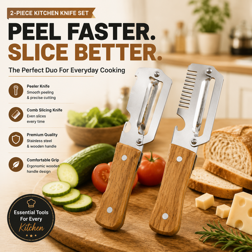 🔥LAST DAY 50% OFF -✨ 2-Piece Kitchen Knife Set – Premium Peeler Knife & Comb Slicing Knife with Wooden Handle.