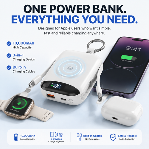 🔥 LAST DAY 50% OFF-🔋 10,000mAh 3-in-1 Magnetic Power Bank with Built-In Cables
