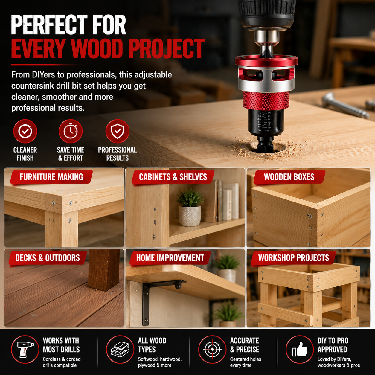 🔩 Adjustable Countersink Drill Bit Set | Professional Woodworking Screw Finishing Tool⚡