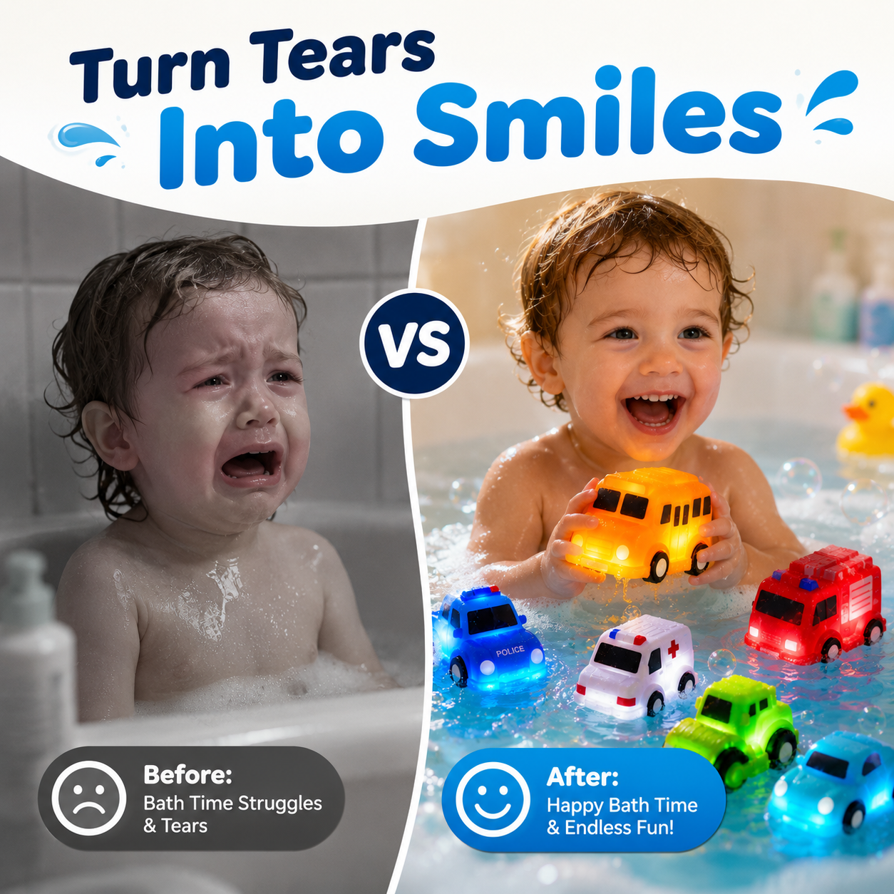 🚗 6PCS Water-Activated Light-Up Bath Toy Cars – Traffic & Construction Vehicles for Kids