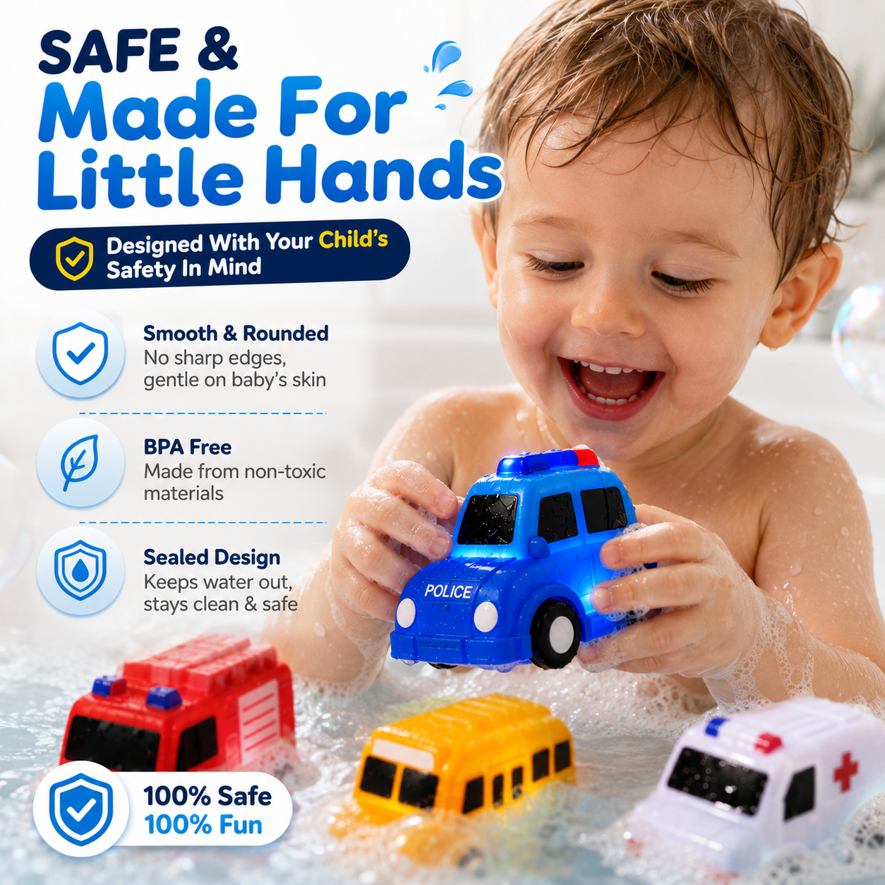 🚗 6PCS Water-Activated Light-Up Bath Toy Cars – Traffic & Construction Vehicles for Kids