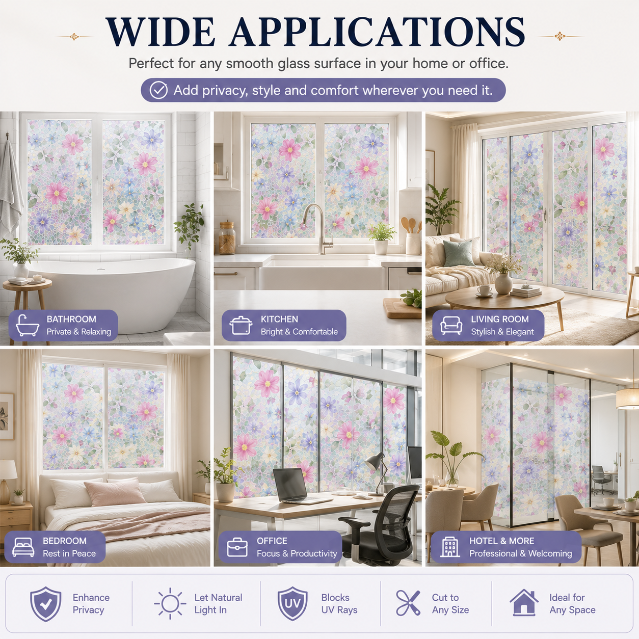 Floral Frosted Privacy Window Film – Glue-Free Static Cling Glass Cover