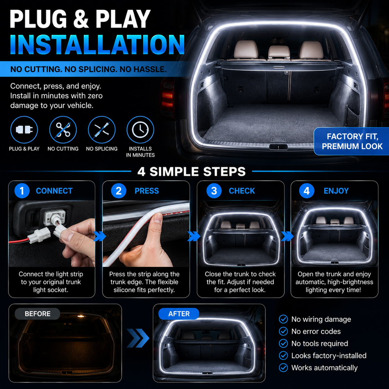 Universal Car Trunk LED Light Strip – Automatic Plug & Play Cargo Lighting