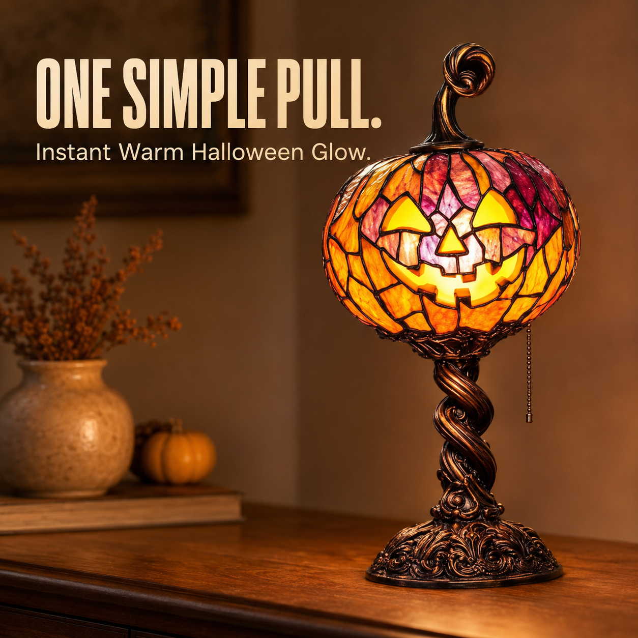 Halloween Pumpkin Glow Lamp – Vintage Stained-Glass-Style Table Light