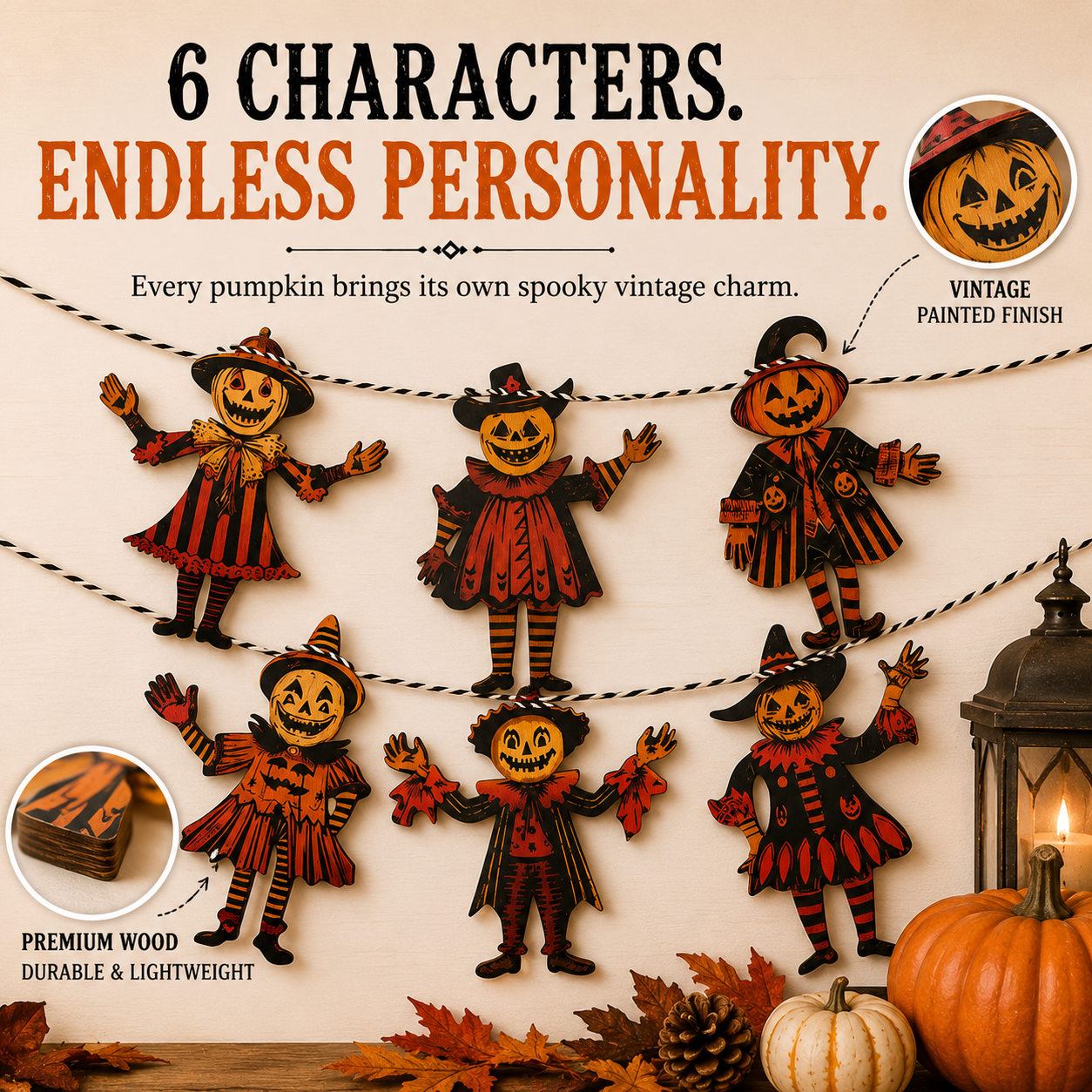 Vintage Wooden Halloween Pumpkin Character Garland -6 Piece Rustic Hanging Banner for Mantels, Walls, Porches & Parties