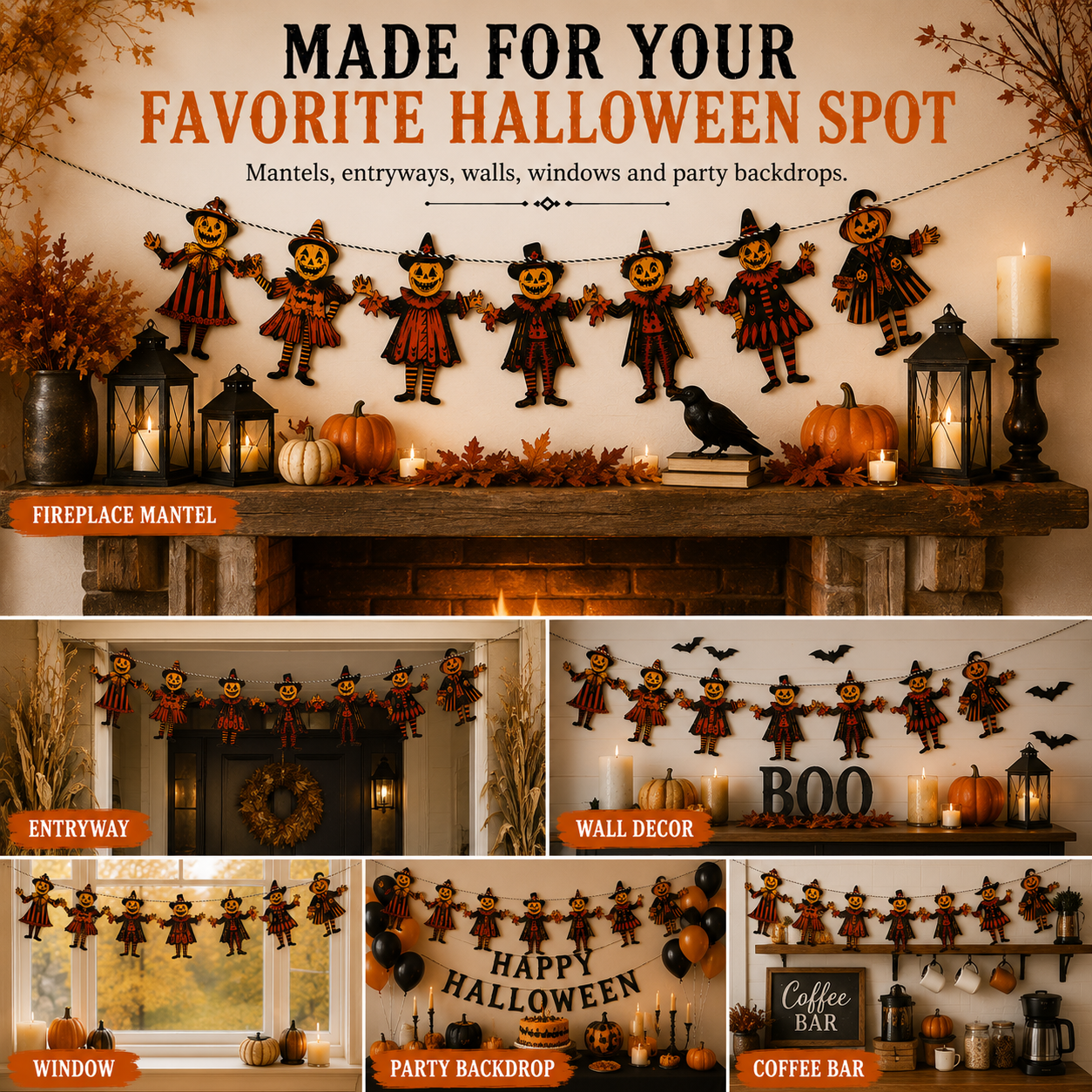 Vintage Wooden Halloween Pumpkin Character Garland -6 Piece Rustic Hanging Banner for Mantels, Walls, Porches & Parties