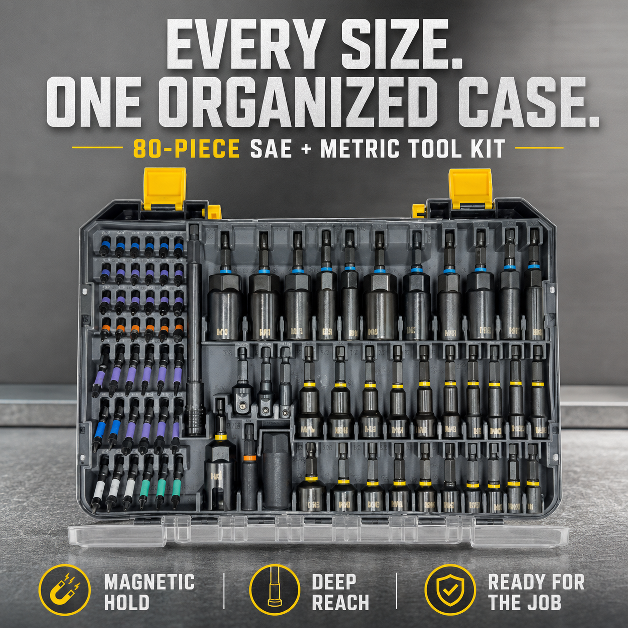 🧰 80-Piece Magnetic Nut Driver Set – SAE & Metric Impact Socket Kit