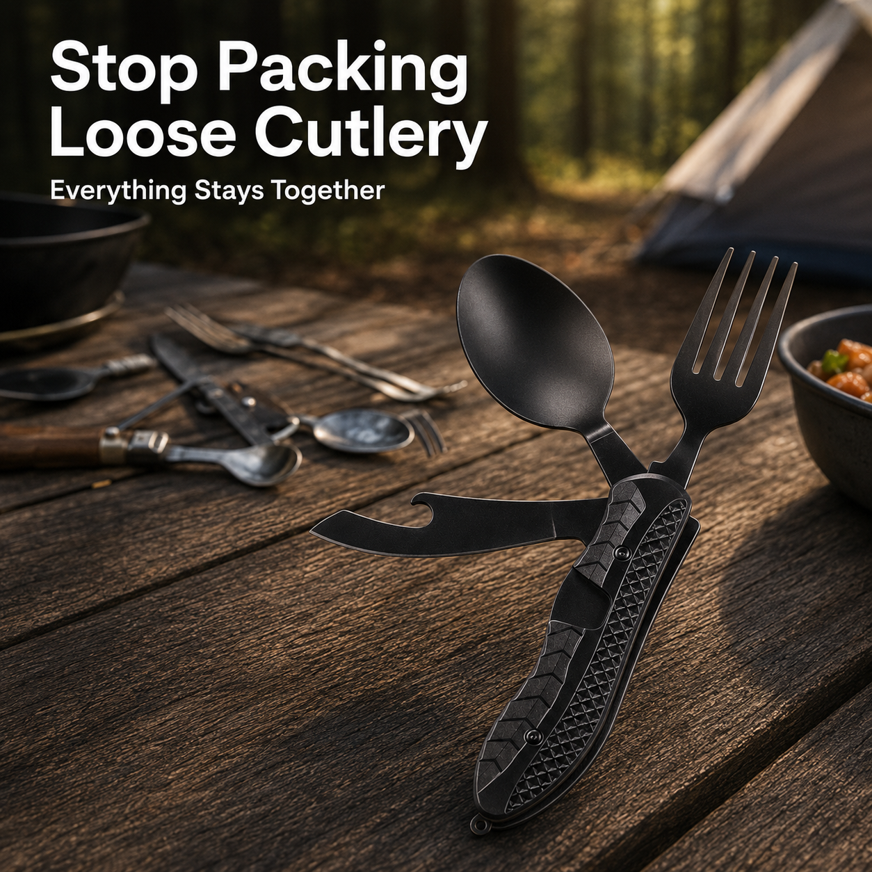 ✨ Compact 3-in-1 Camping Flatware – Foldable Fork, Spoon & Knife for Travel