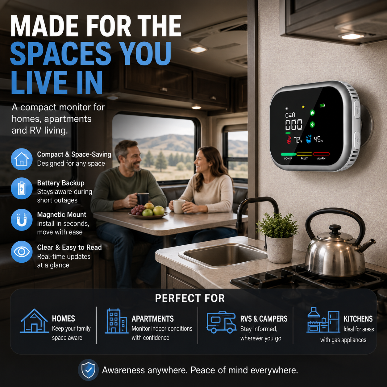 🔥6-in-1 Portable Gas Leak Detector & Air Quality Monitor - Temp & Humidity Sensor for Kitchen, Home & RV Safety