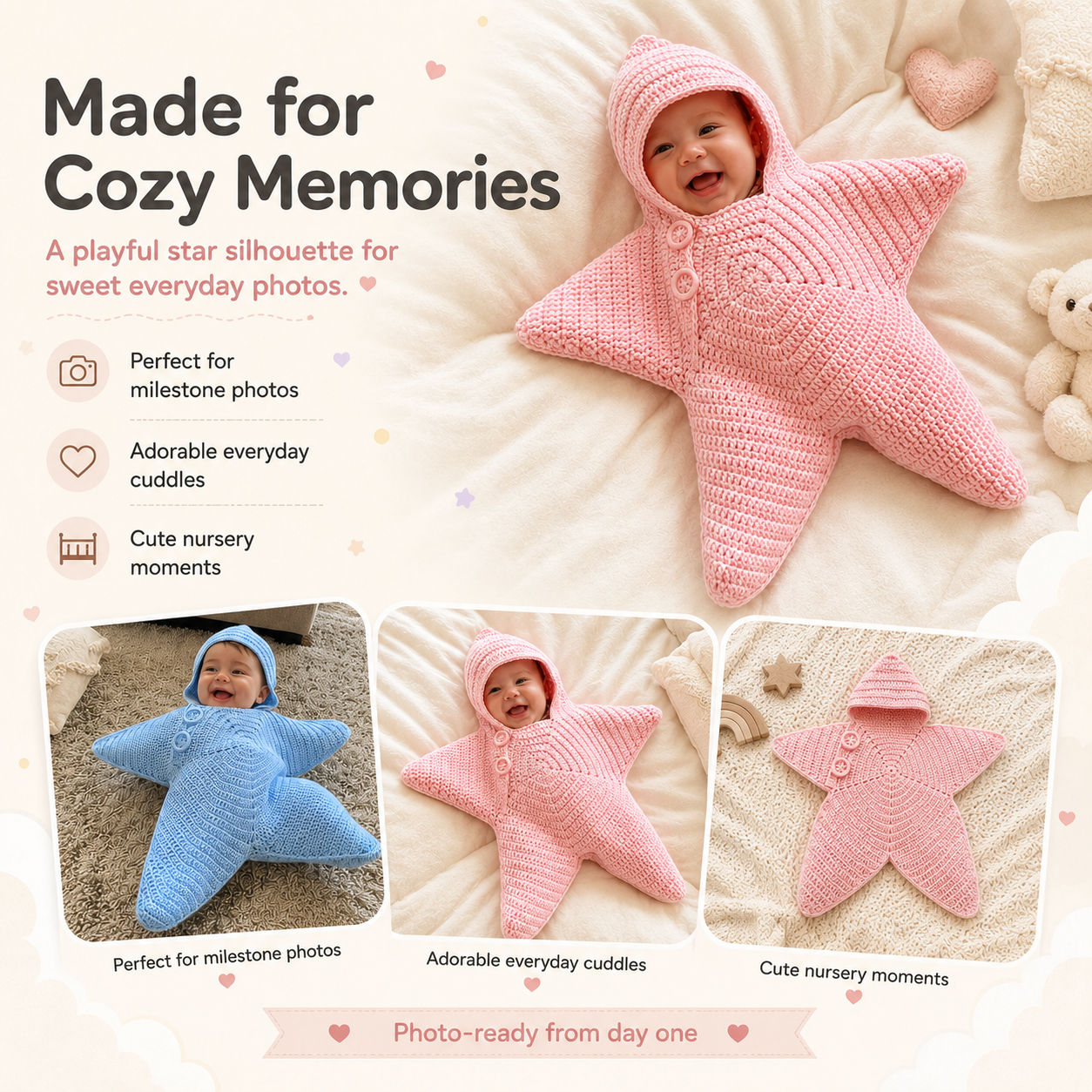 ✨Baby Starfish Knitted Romper - Adorable Hooded Photo Outfit