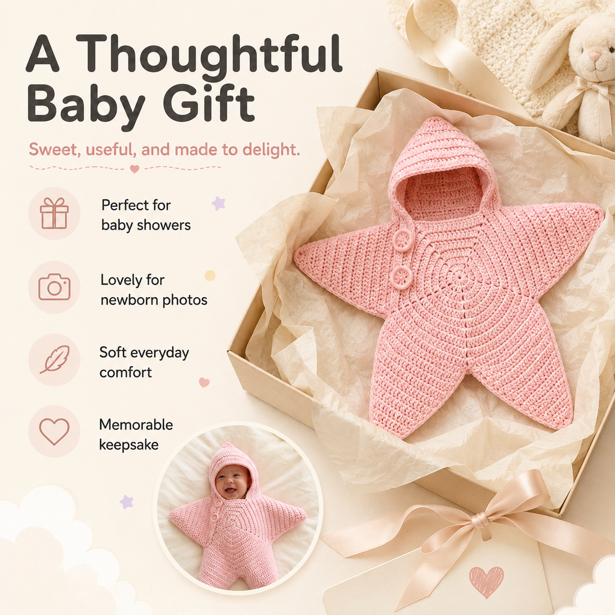 ✨Baby Starfish Knitted Romper - Adorable Hooded Photo Outfit