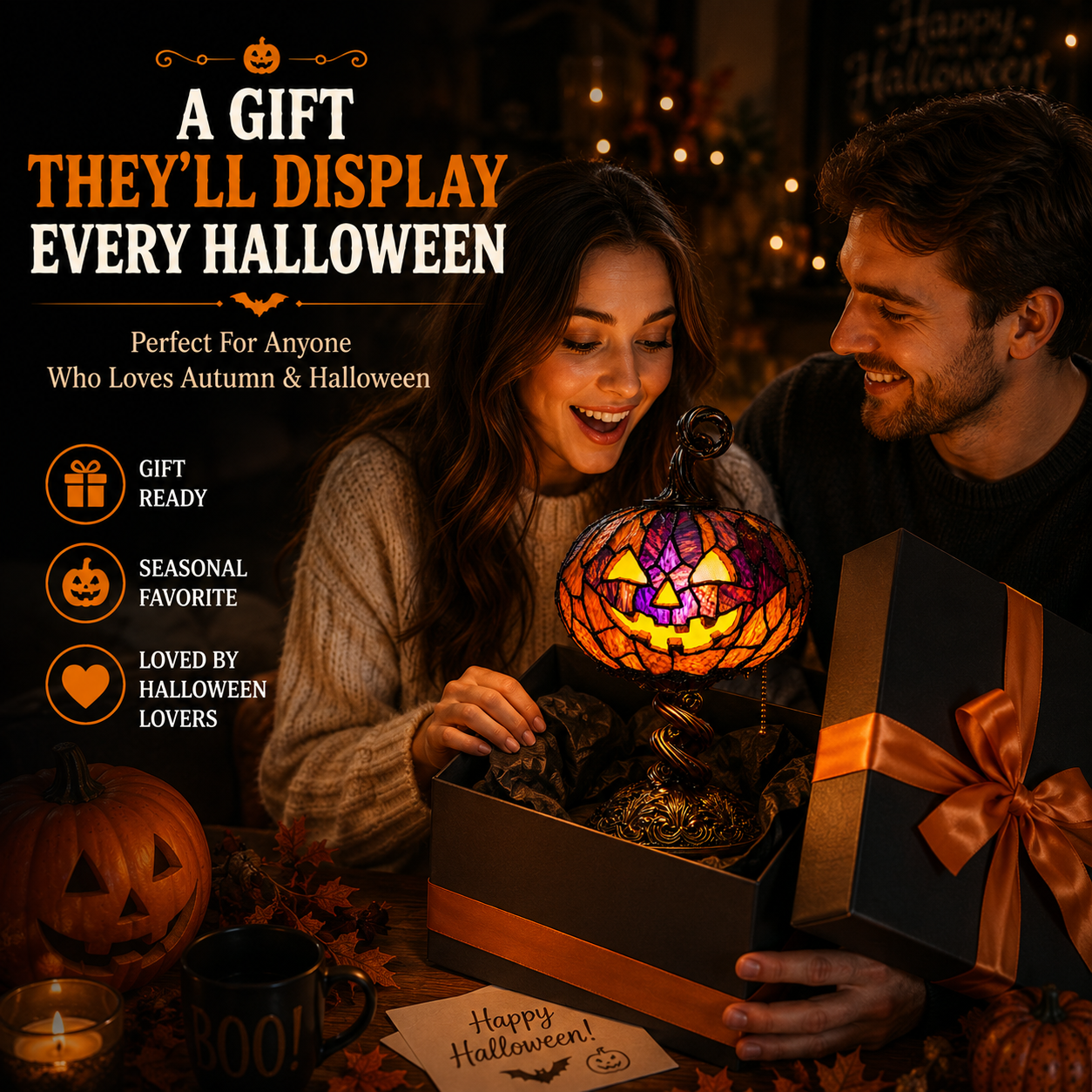 🎃🎃 Halloween Pumpkin Glow Lamp – Vintage Stained-Glass-Style Table Light